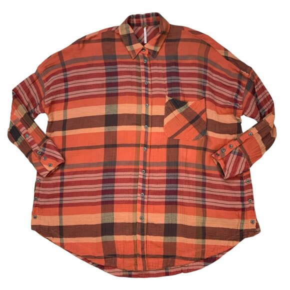 Free People Year Round Buttondown Shirt XS Orange Plaid Oversized Fall Fashion - Picture 13 of 14
